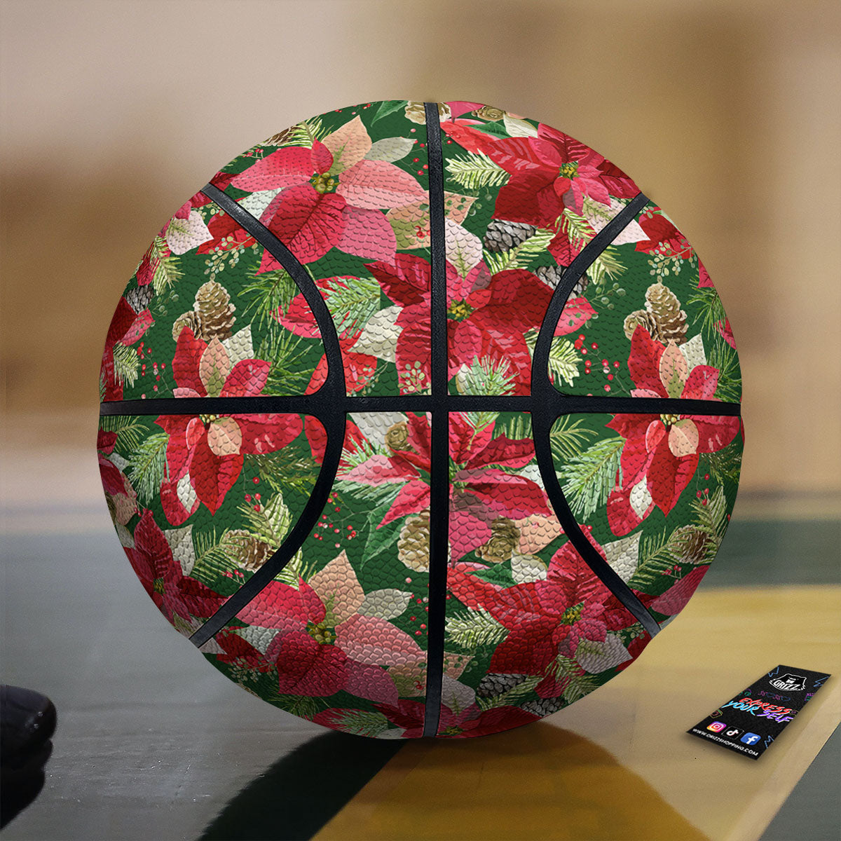 Poinsettia Christmas Vintage Print Pattern Basketball