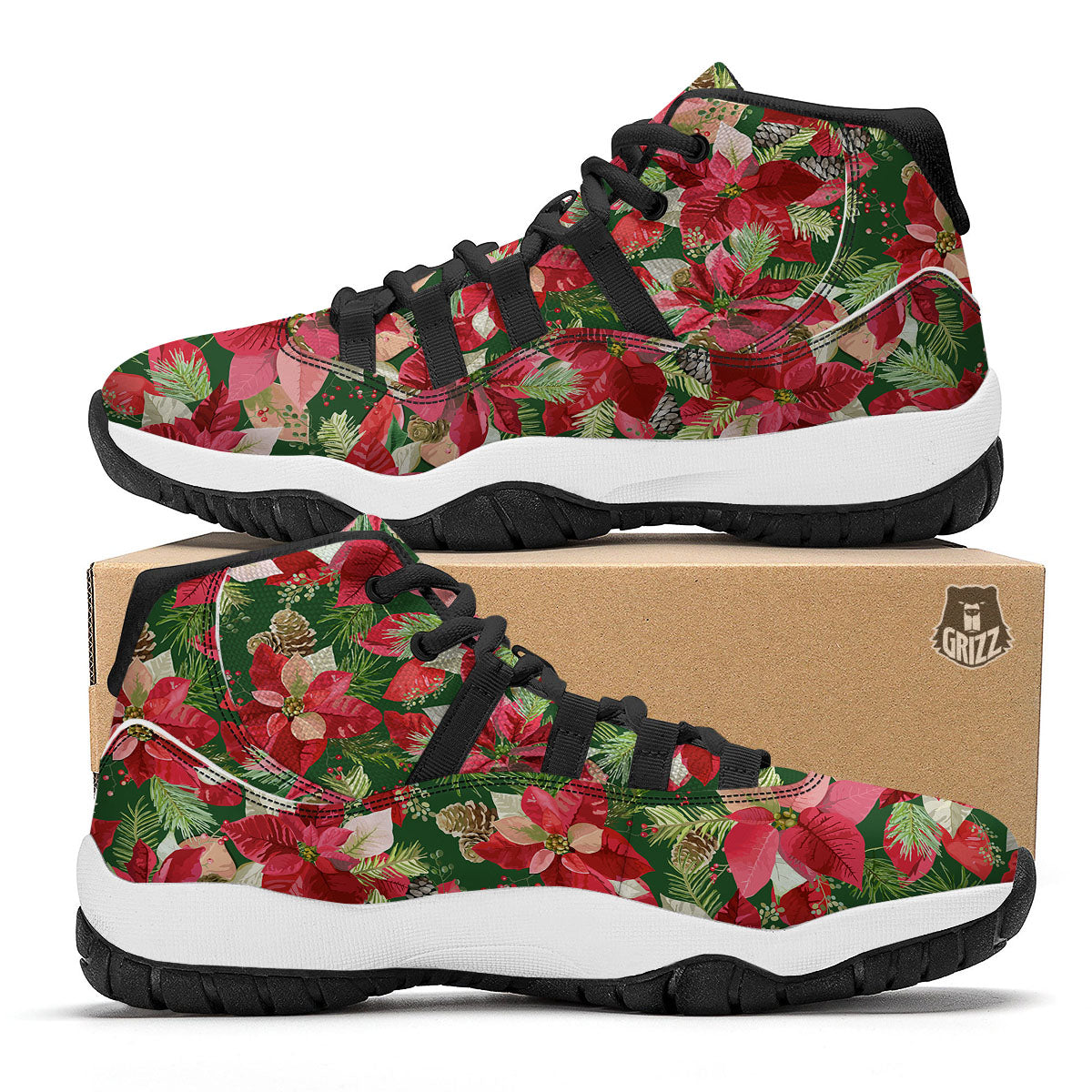 Poinsettia Christmas Vintage Print Pattern Black Bball Shoes-grizzshop