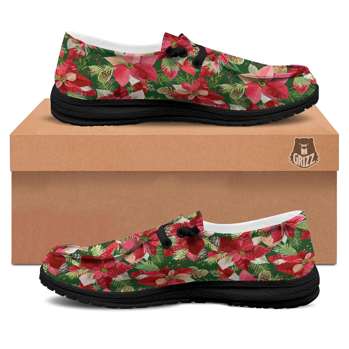 Poinsettia Christmas Vintage Print Pattern Black Loafers-grizzshop