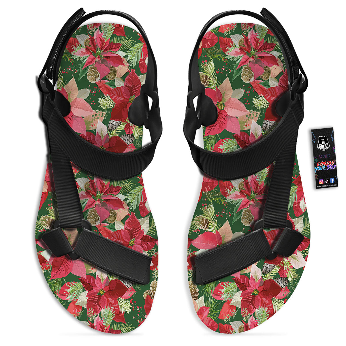 Poinsettia Christmas Vintage Print Pattern Black Open Toe Sandals-grizzshop