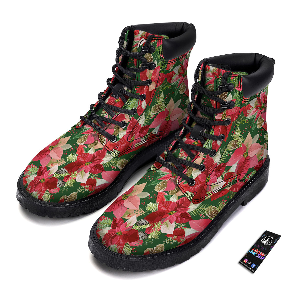 Poinsettia Christmas Vintage Print Pattern Boots-grizzshop