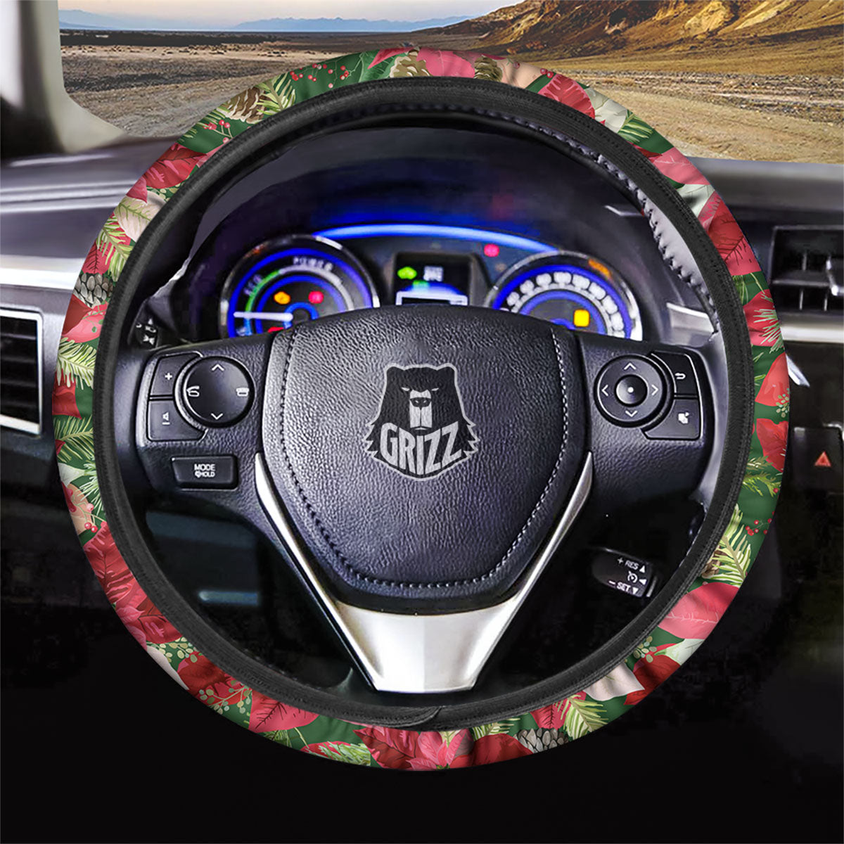 Poinsettia Christmas Vintage Print Pattern Car Steering Wheel Cover-grizzshop
