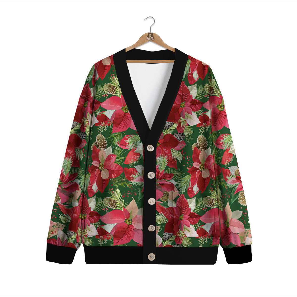 Poinsettia Christmas Vintage Print Pattern Cardigan-grizzshop