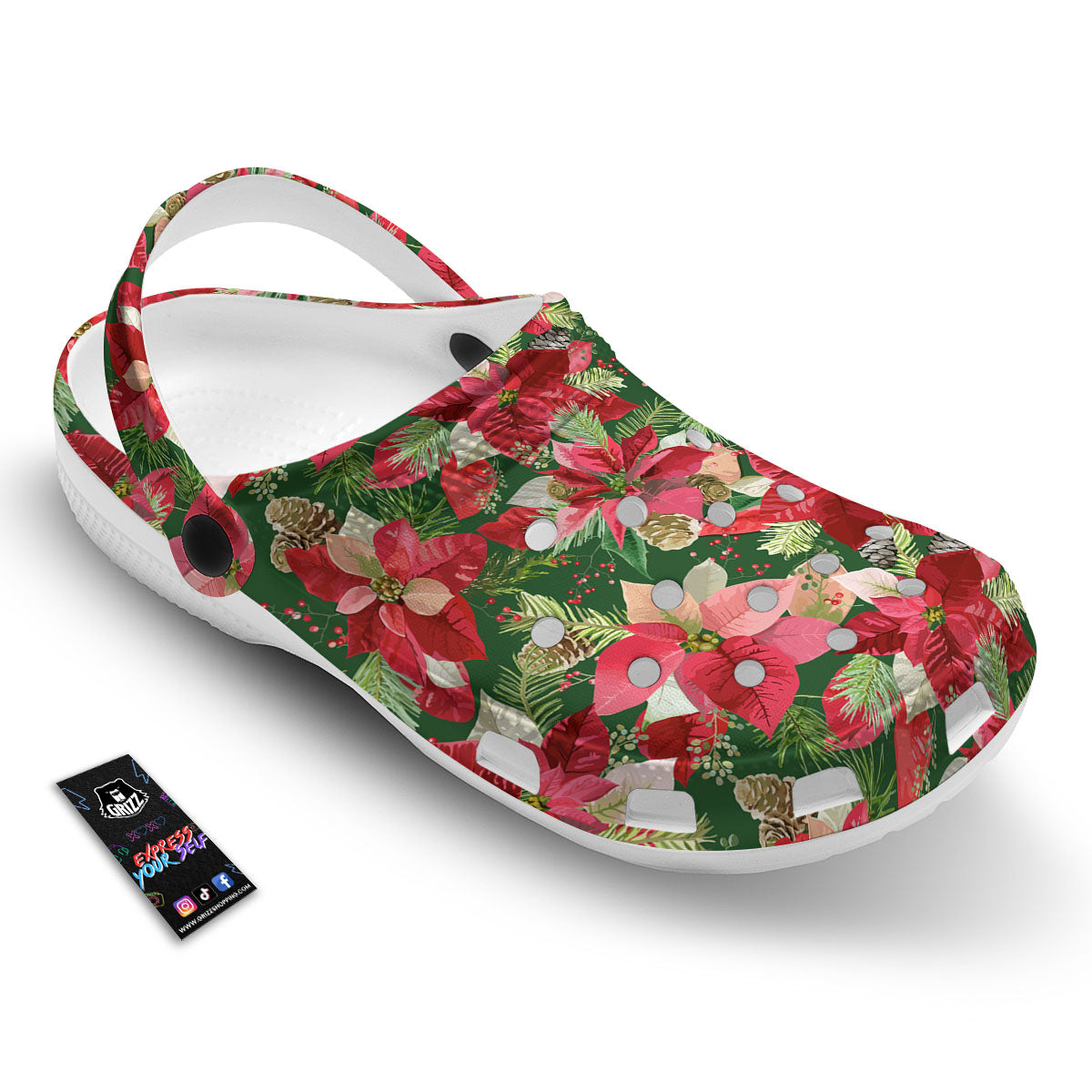 Poinsettia Christmas Vintage Print Pattern Clog-grizzshop