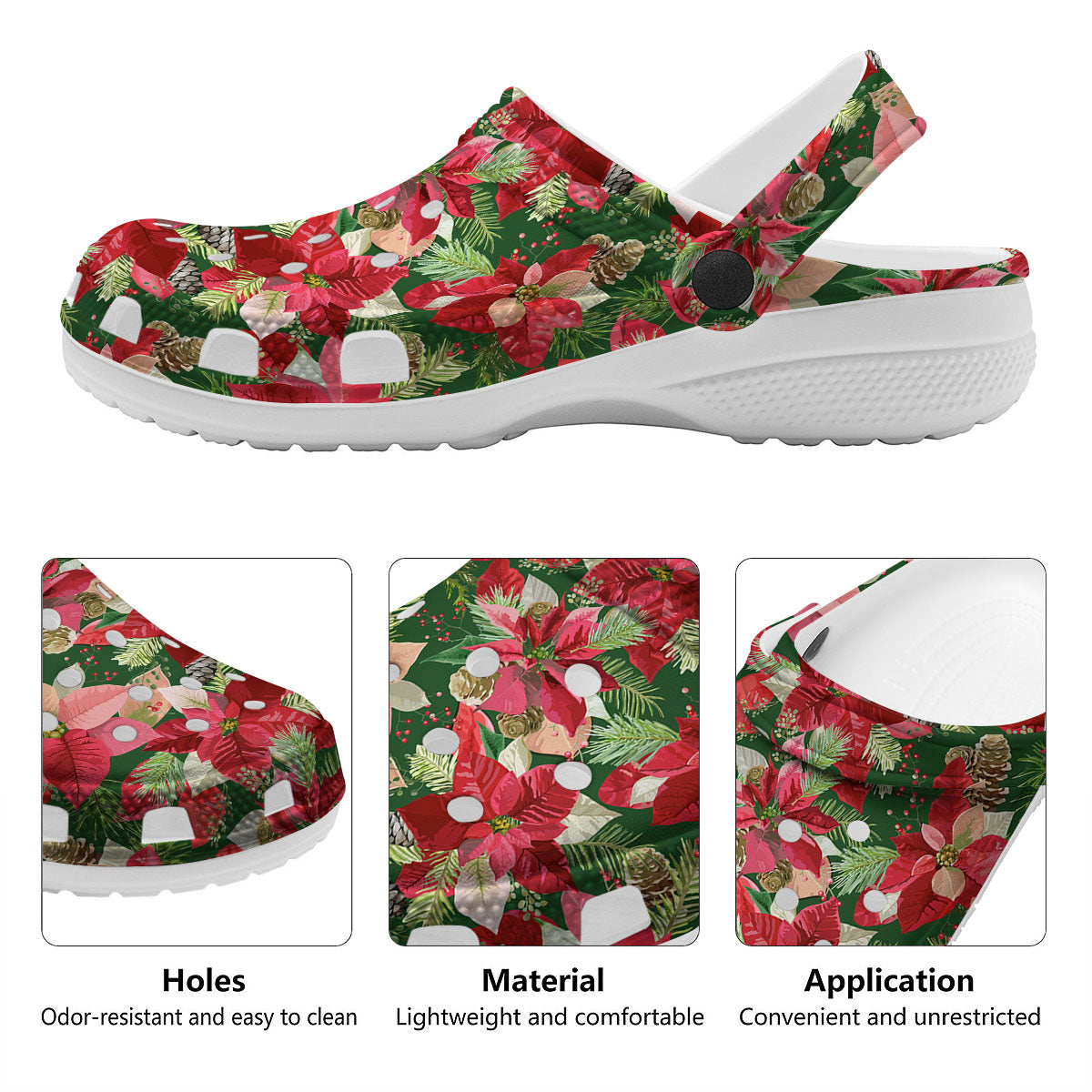 Poinsettia Christmas Vintage Print Pattern Clog-grizzshop