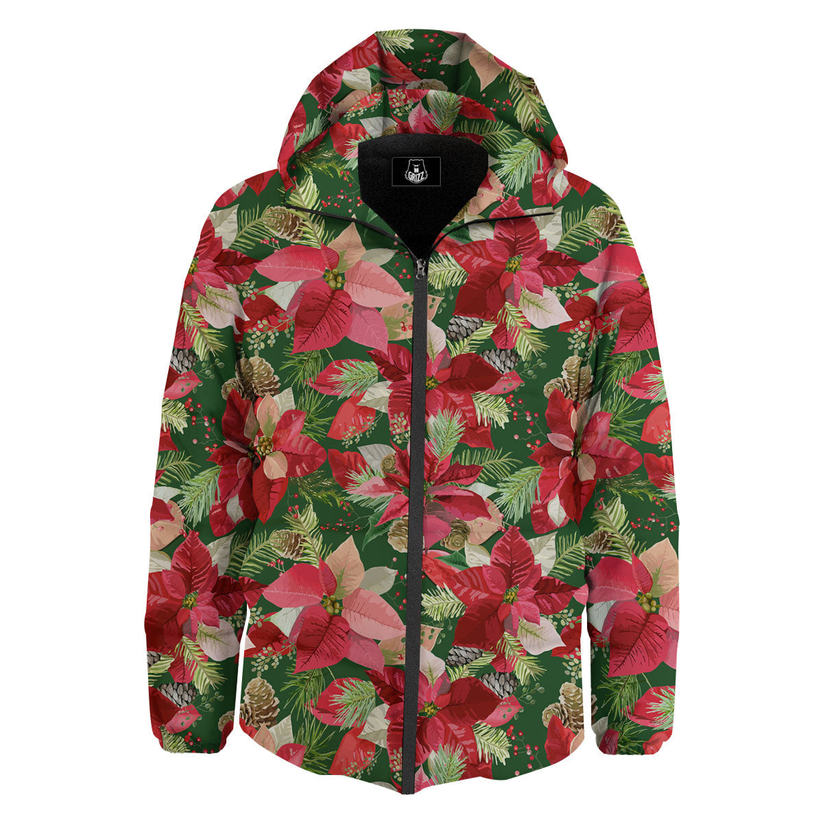 Poinsettia Christmas Vintage Print Pattern Down Jacket-grizzshop