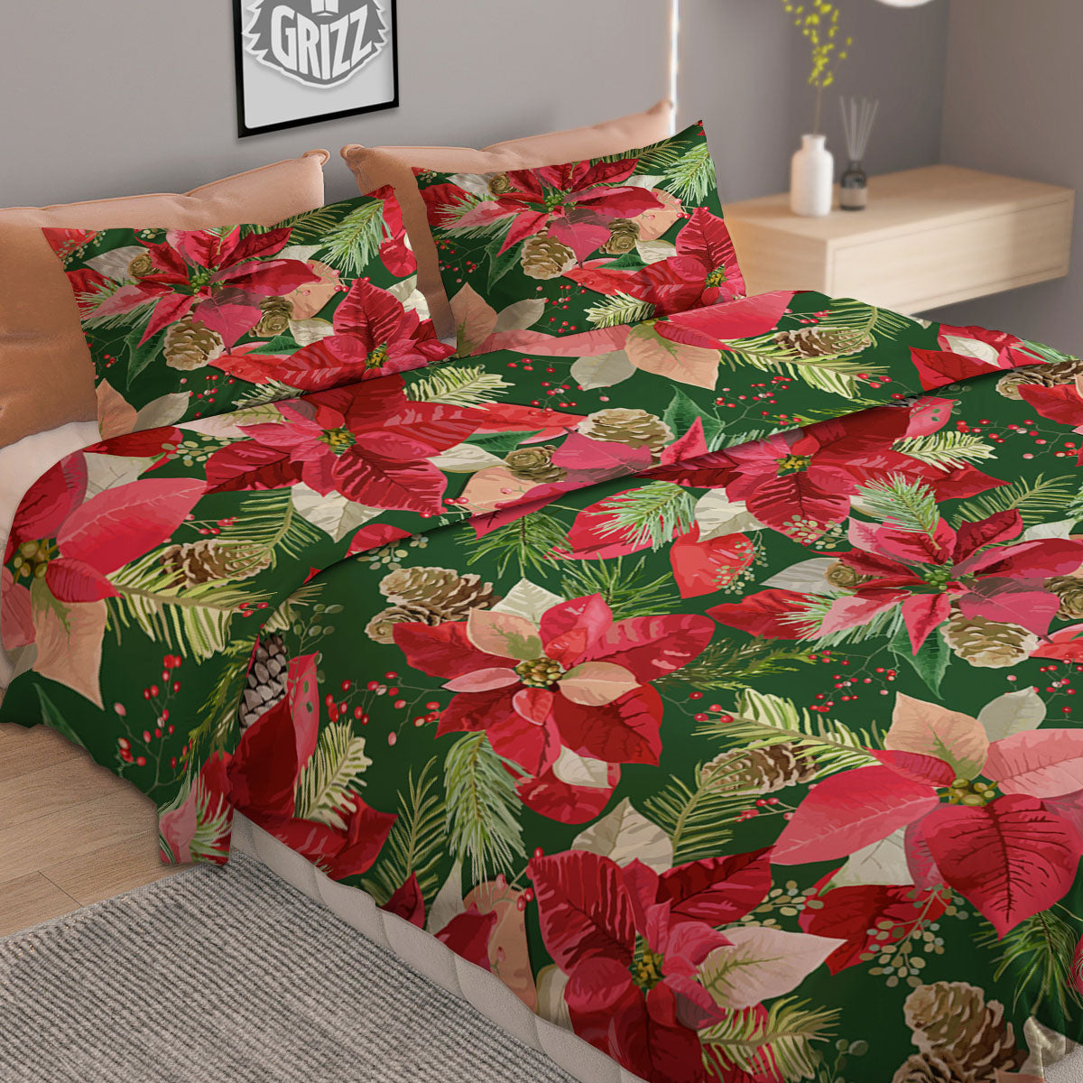 Poinsettia Christmas Vintage Print Pattern Duvet Cover Bedding Set