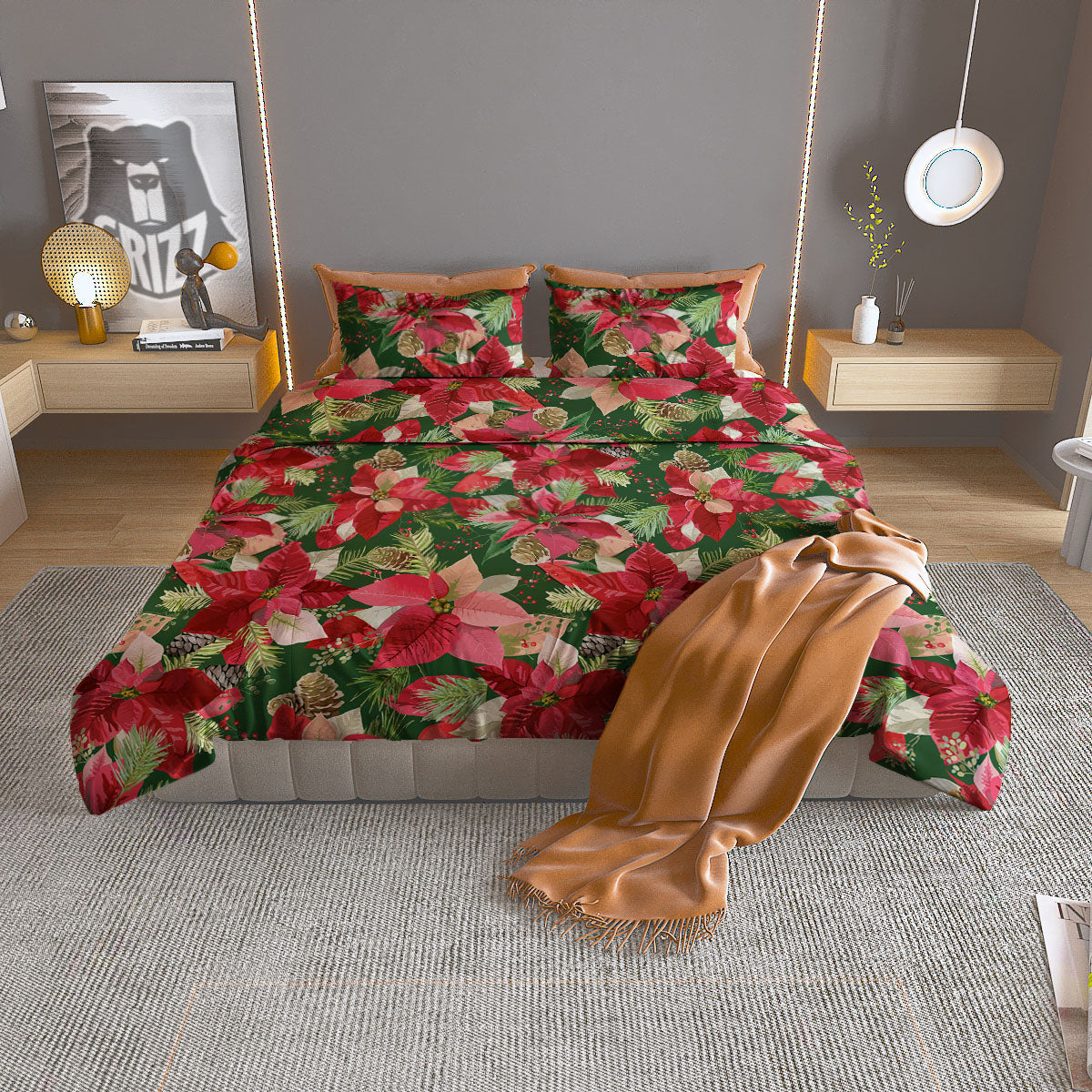 Poinsettia Christmas Vintage Print Pattern Duvet Cover Bedding Set