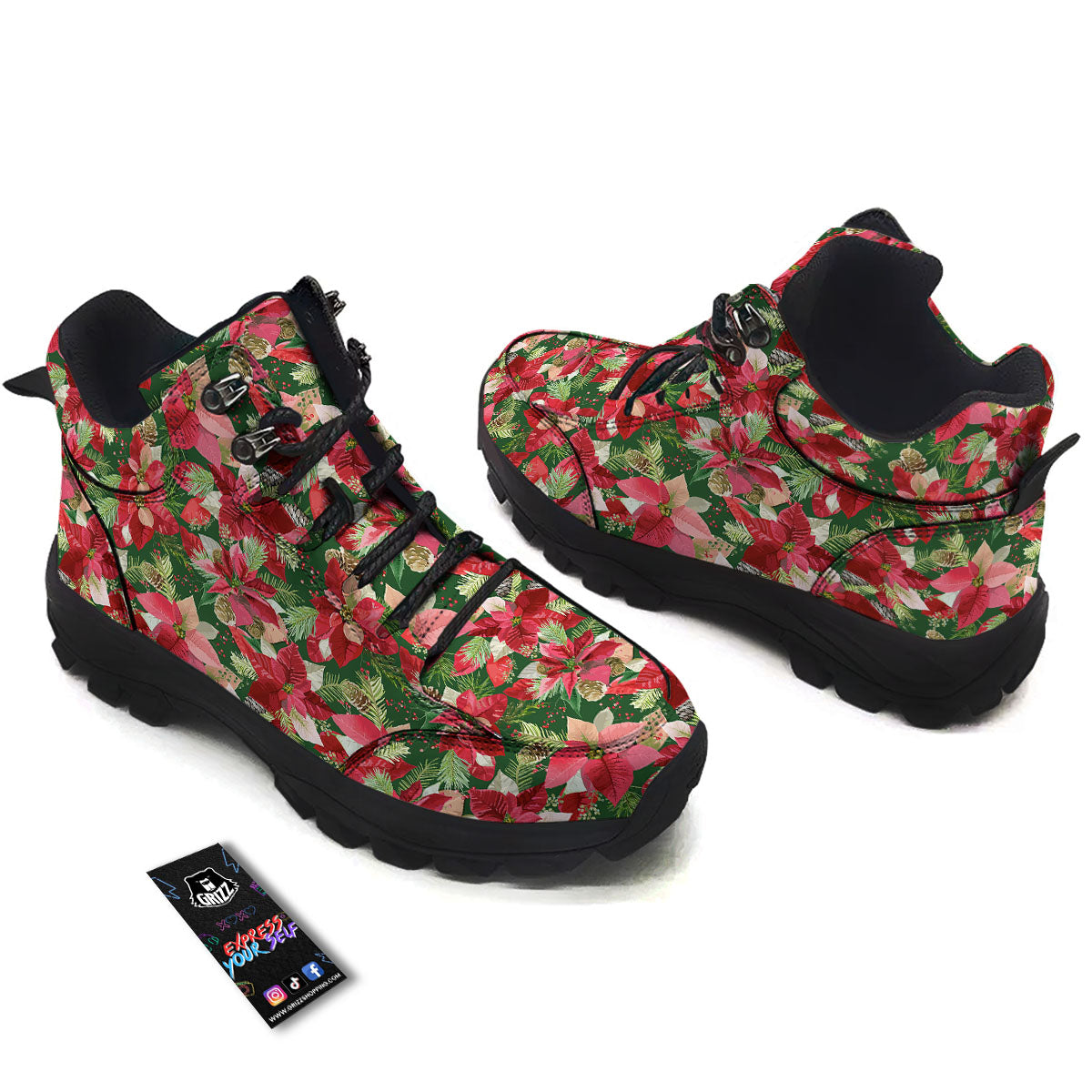 Poinsettia Christmas Vintage Print Pattern Hiking Shoes-grizzshop