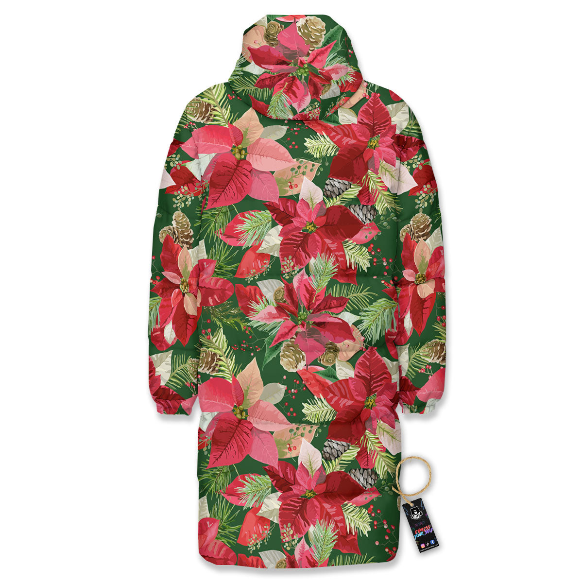 Poinsettia Christmas Vintage Print Pattern Long Down Jacket-grizzshop