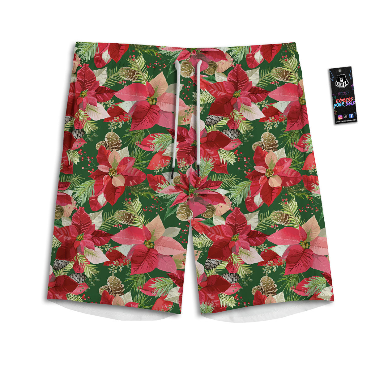 Poinsettia Christmas Vintage Print Pattern Men's Athletic Shorts