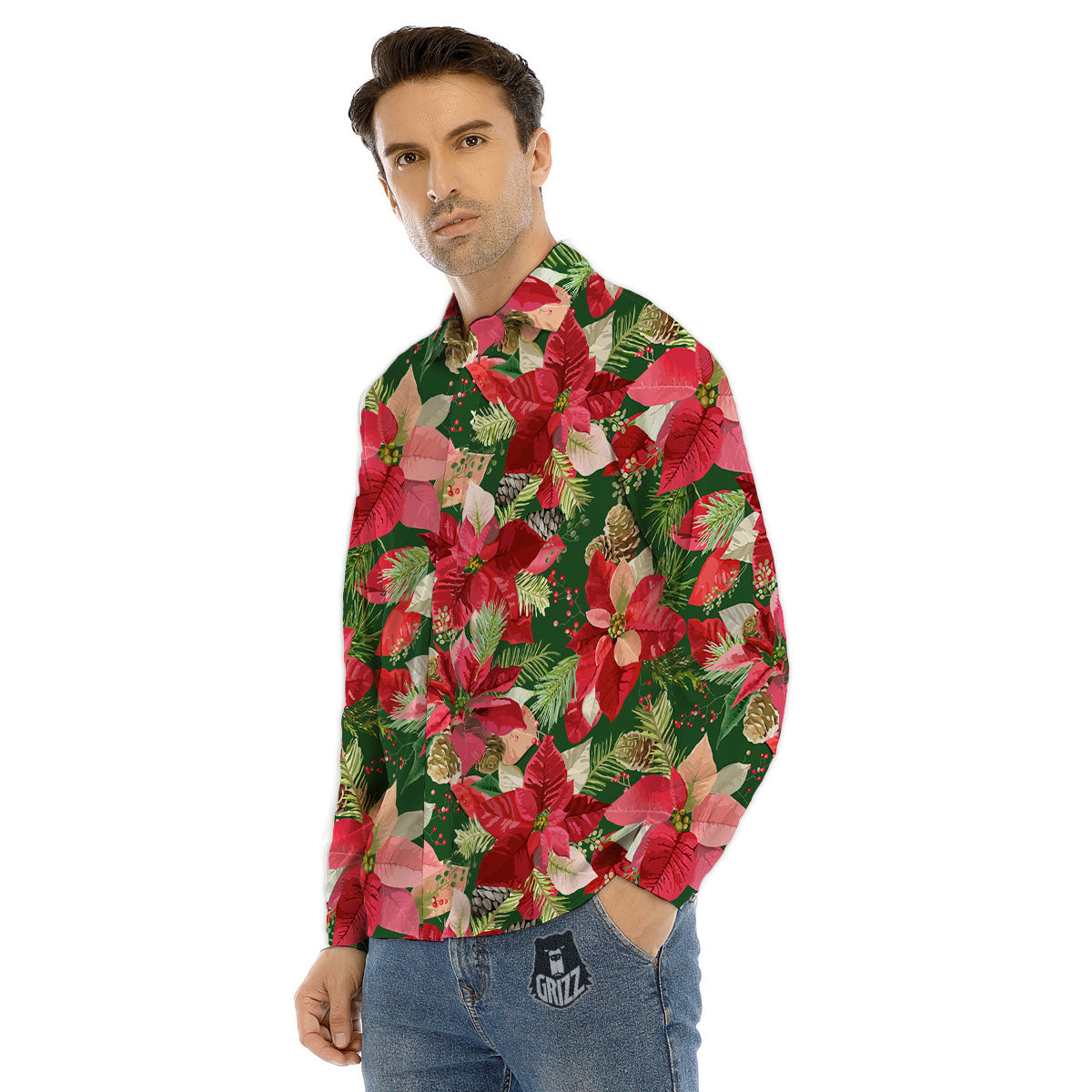 Poinsettia Christmas Vintage Print Pattern Men's Dress Shirts-grizzshop