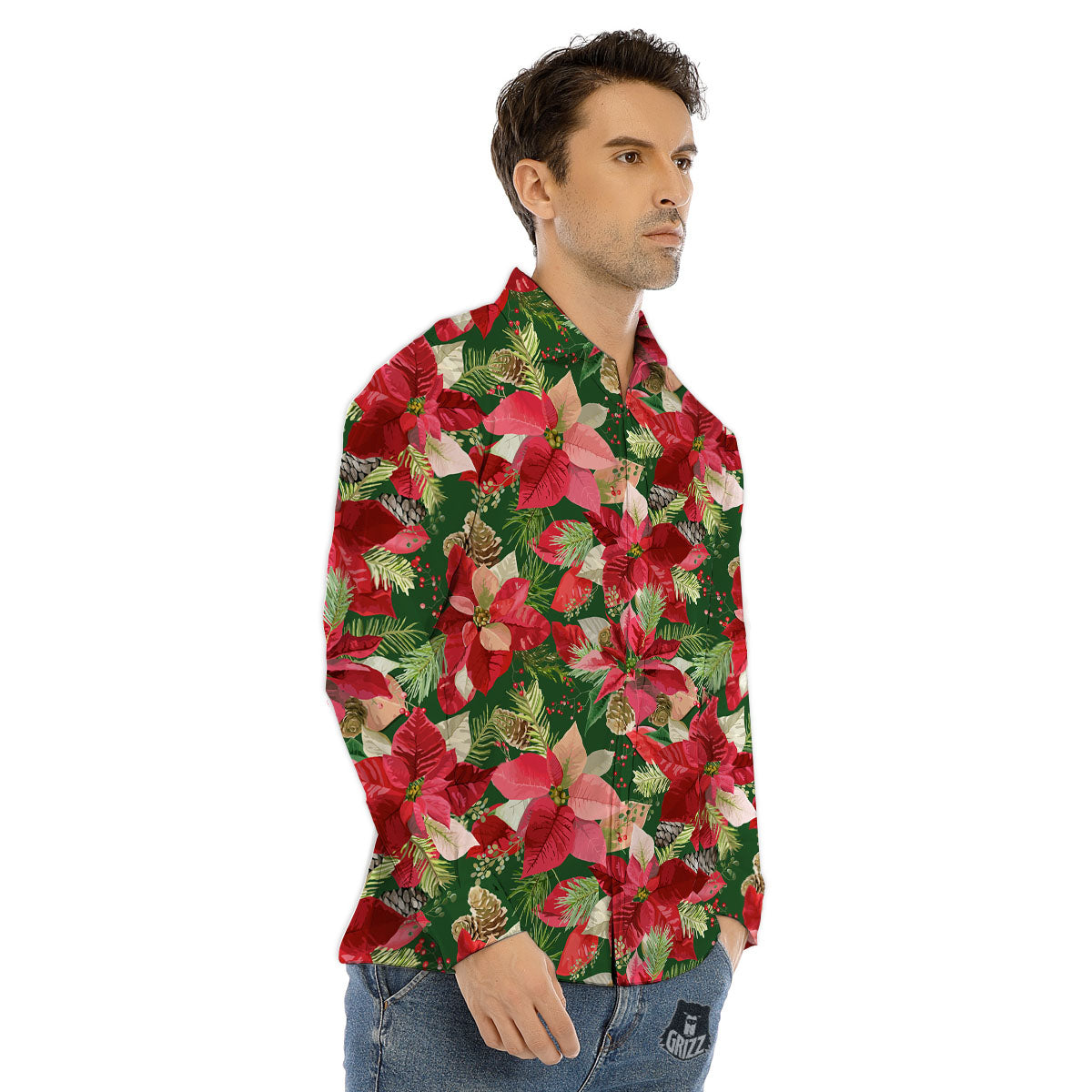 Poinsettia Christmas Vintage Print Pattern Men's Dress Shirts-grizzshop
