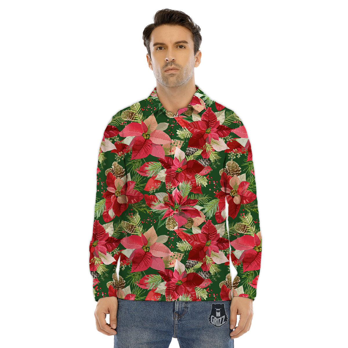 Poinsettia Christmas Vintage Print Pattern Men's Dress Shirts-grizzshop