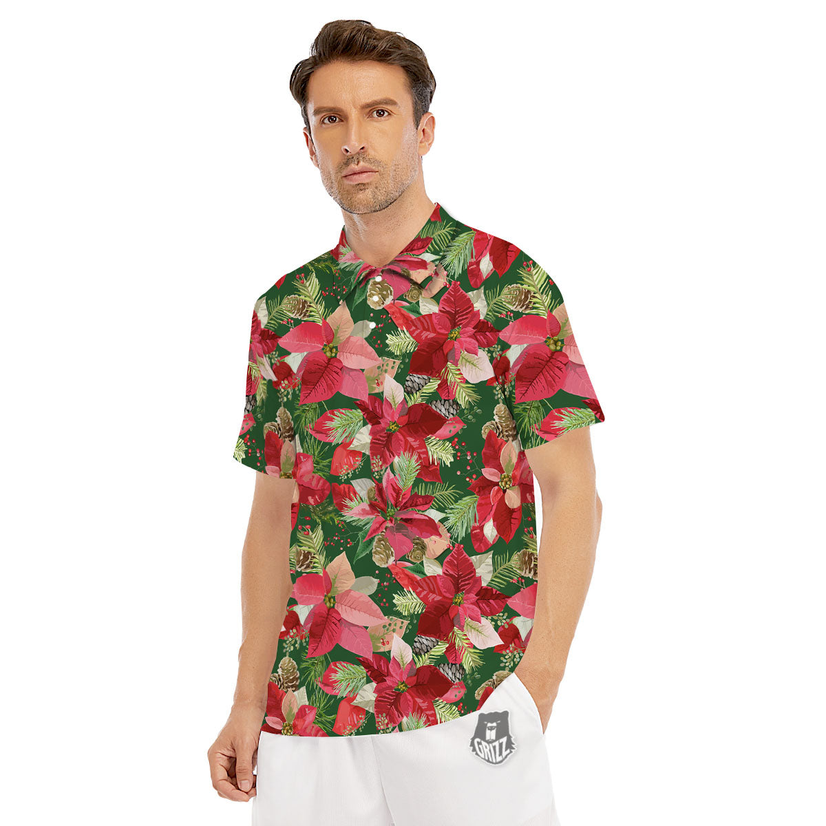 Poinsettia Christmas Vintage Print Pattern Men's Golf Shirts-grizzshop