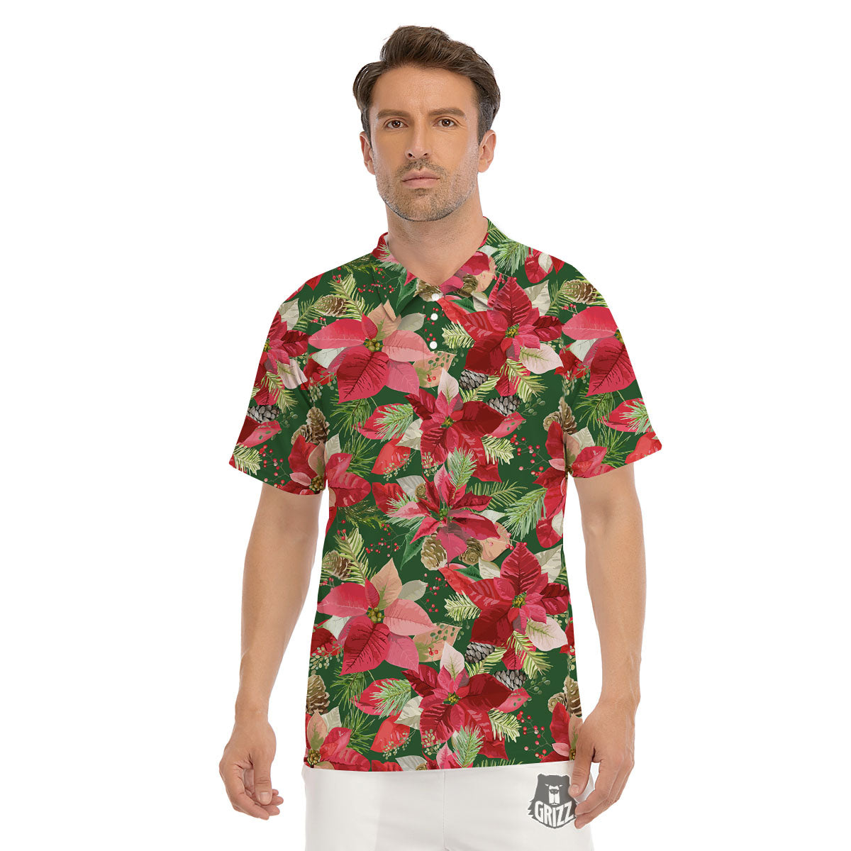 Poinsettia Christmas Vintage Print Pattern Men's Golf Shirts-grizzshop