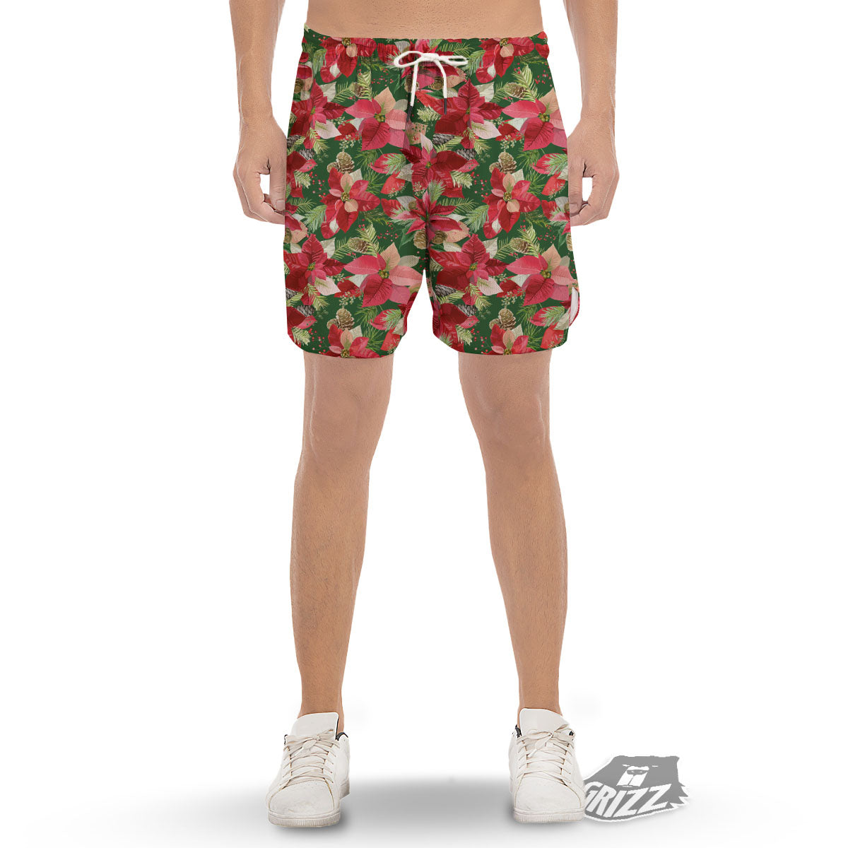 Poinsettia Christmas Vintage Print Pattern Men's Gym Shorts-grizzshop