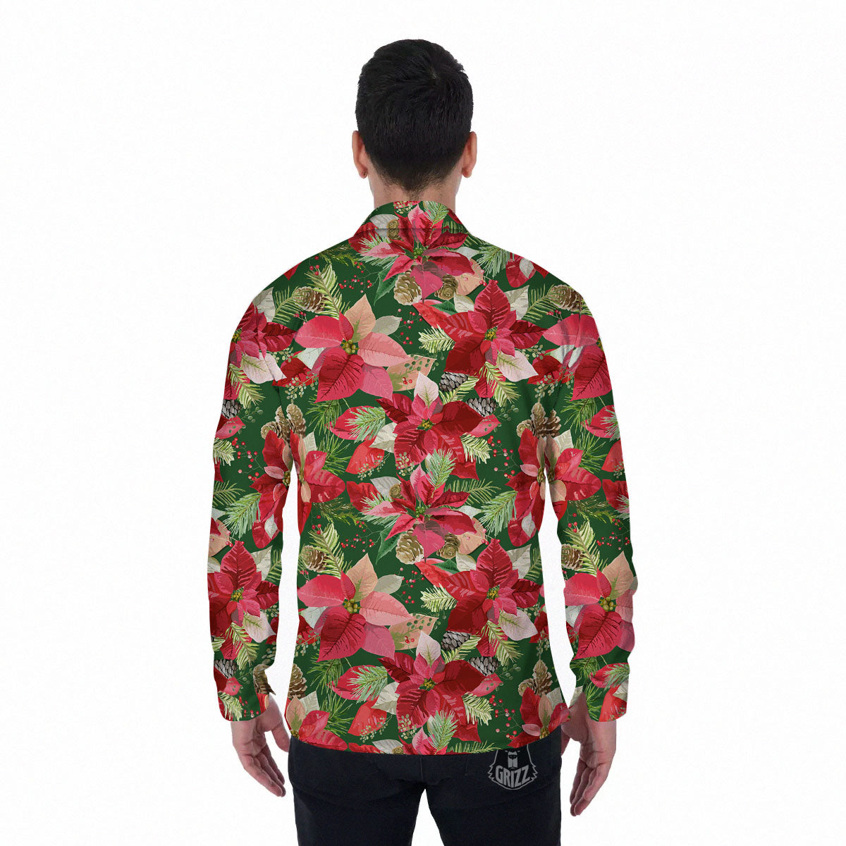 Poinsettia Christmas Vintage Print Pattern Men's Long Sleeve Shirts-grizzshop