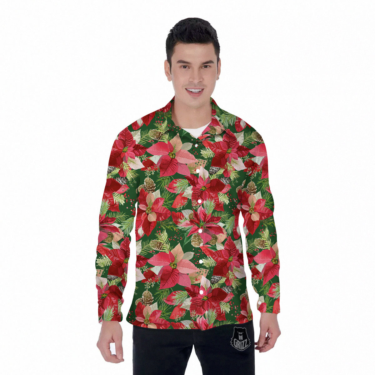 Poinsettia Christmas Vintage Print Pattern Men's Long Sleeve Shirts-grizzshop