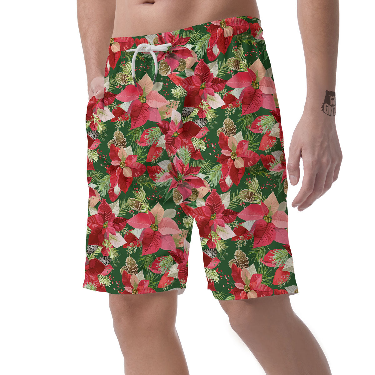Poinsettia Christmas Vintage Print Pattern Men's Shorts-grizzshop