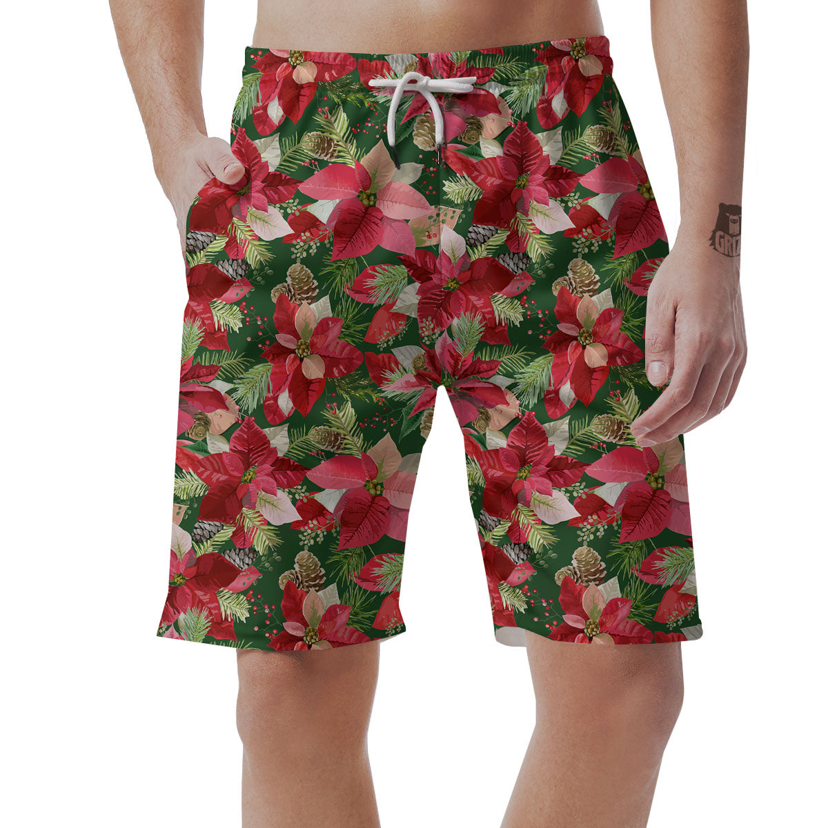 Poinsettia Christmas Vintage Print Pattern Men's Shorts-grizzshop