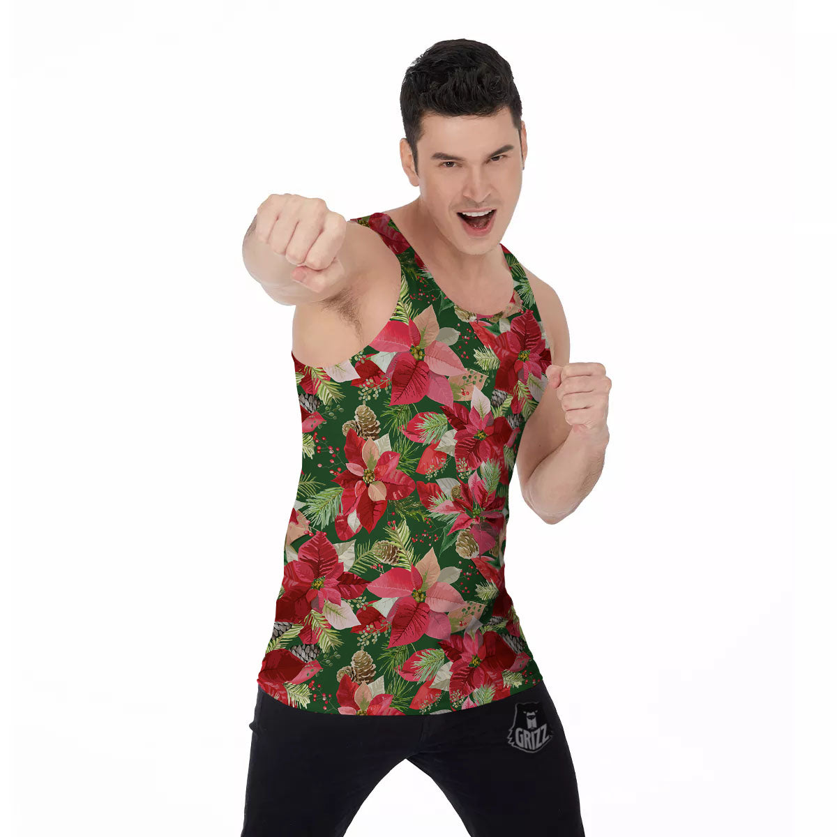 Poinsettia Christmas Vintage Print Pattern Men's Tank Top-grizzshop