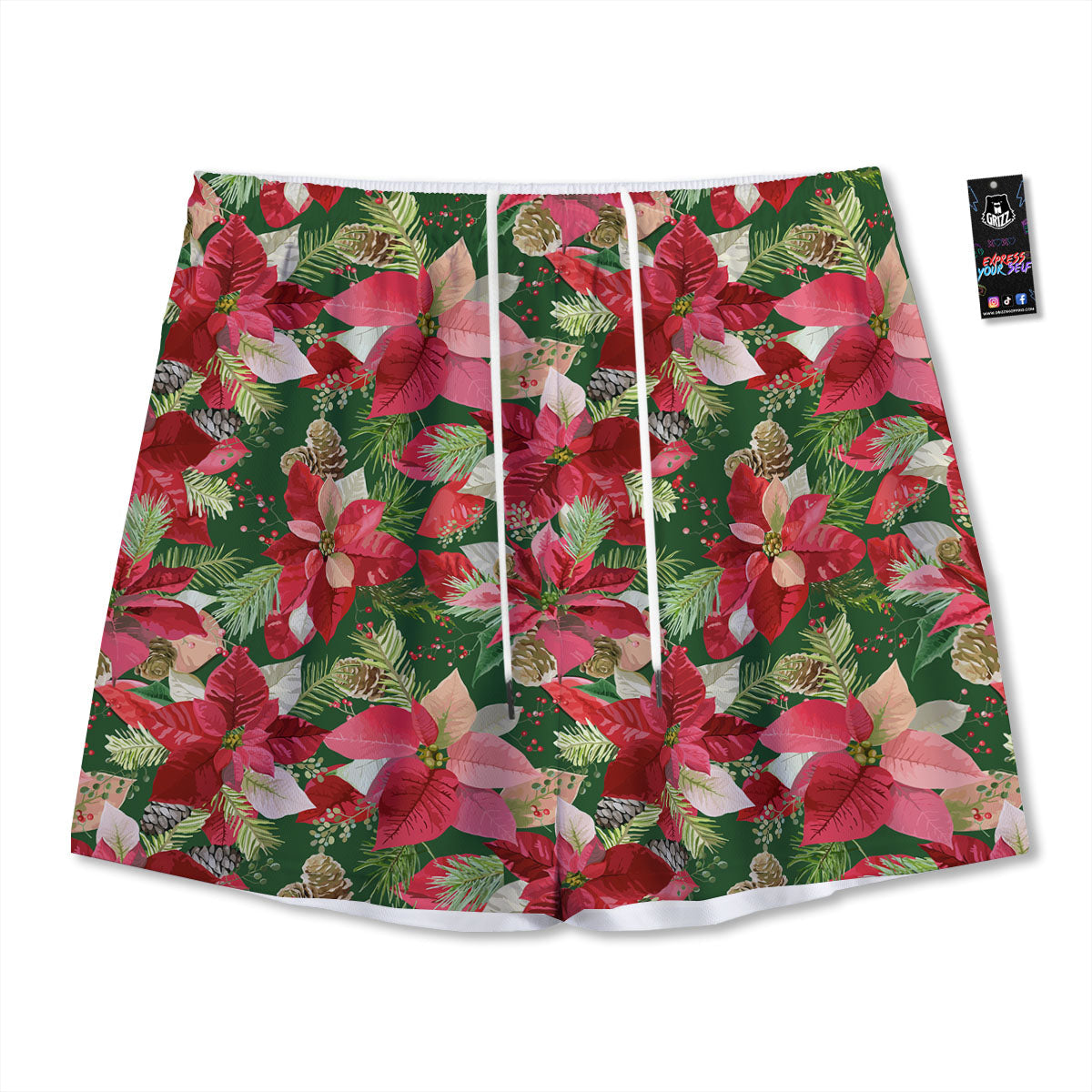 Poinsettia Christmas Vintage Print Pattern Mesh Shorts
