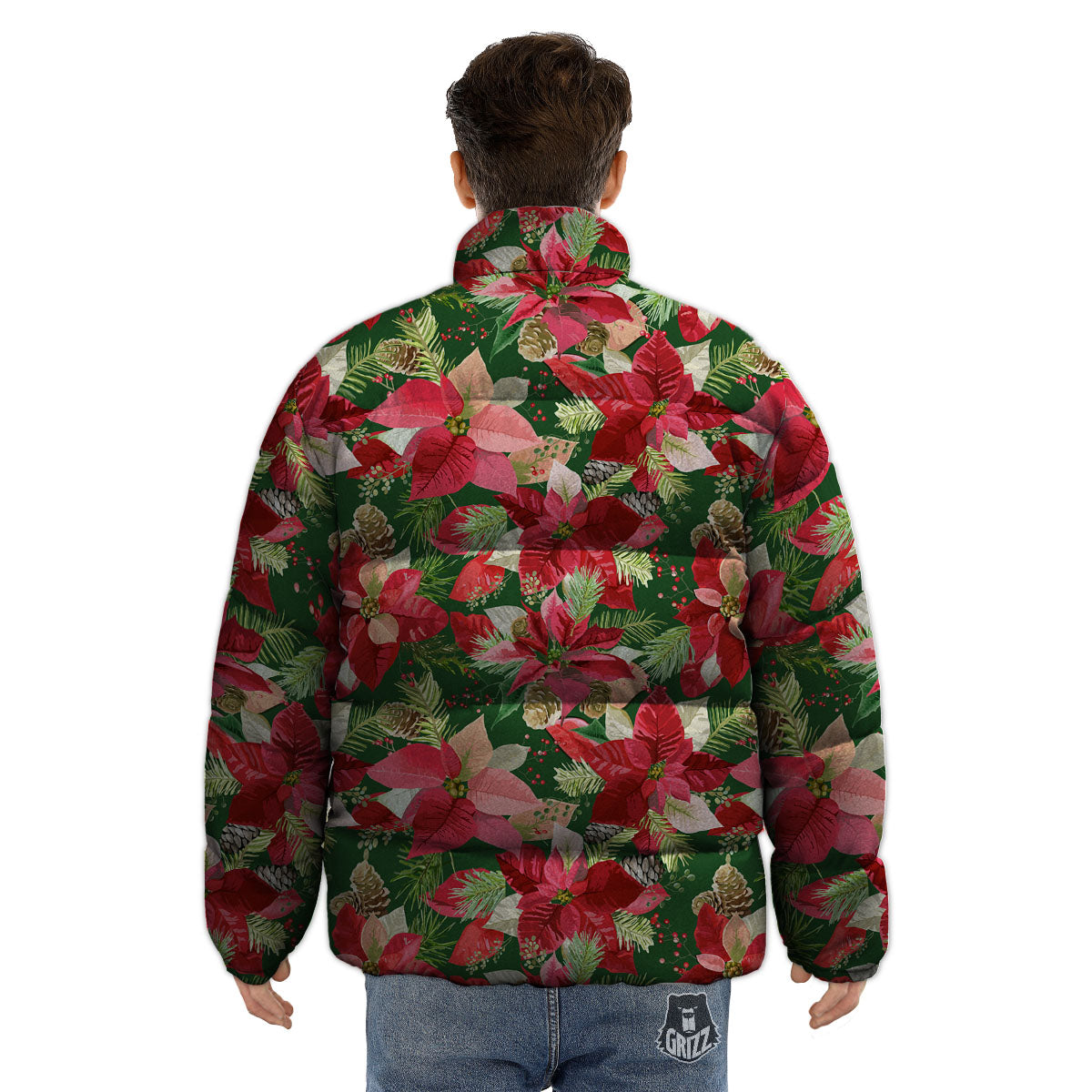 Poinsettia Christmas Vintage Print Pattern Puffer Jacket-grizzshop