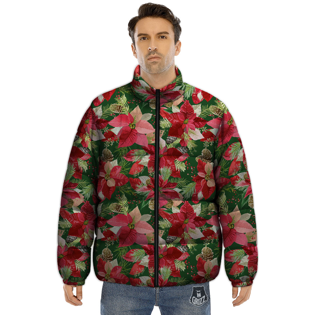 Poinsettia Christmas Vintage Print Pattern Puffer Jacket-grizzshop