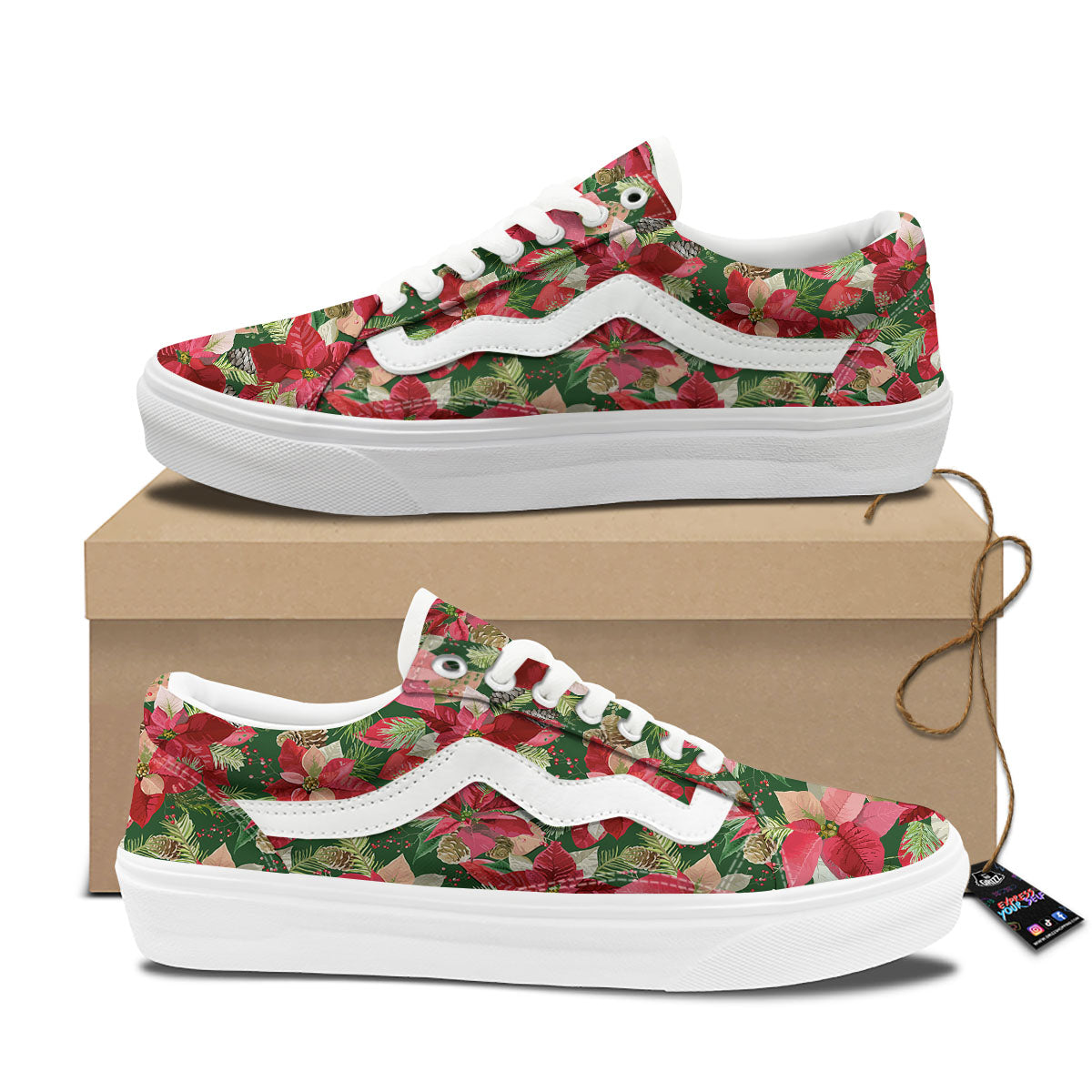 Poinsettia Christmas Vintage Print Pattern Skate Shoes-grizzshop