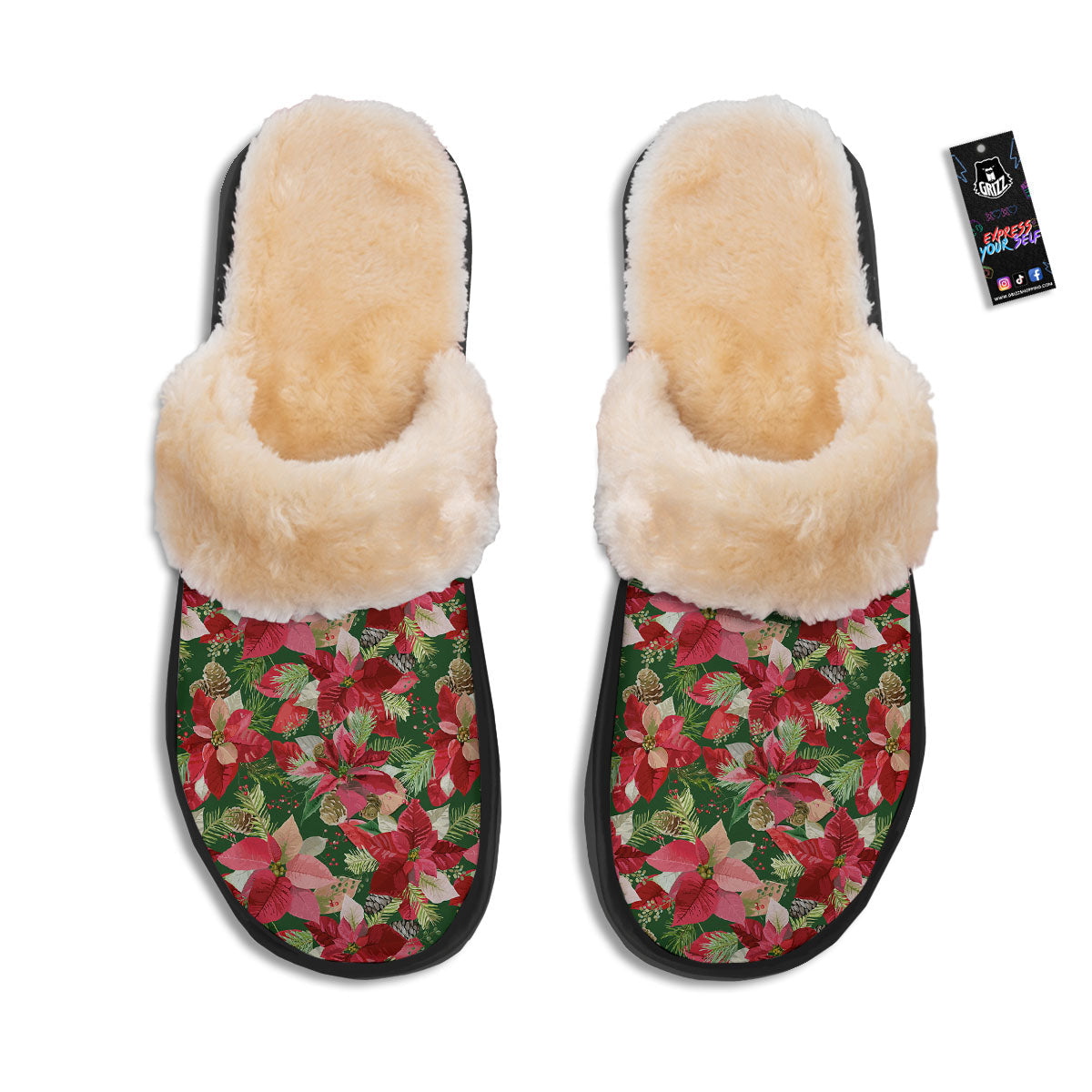 Poinsettia Christmas Vintage Print Pattern Slippers-grizzshop