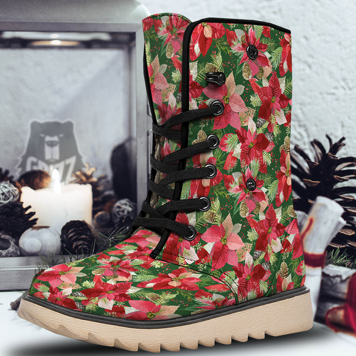 Poinsettia Christmas Vintage Print Pattern Snow Boots-grizzshop