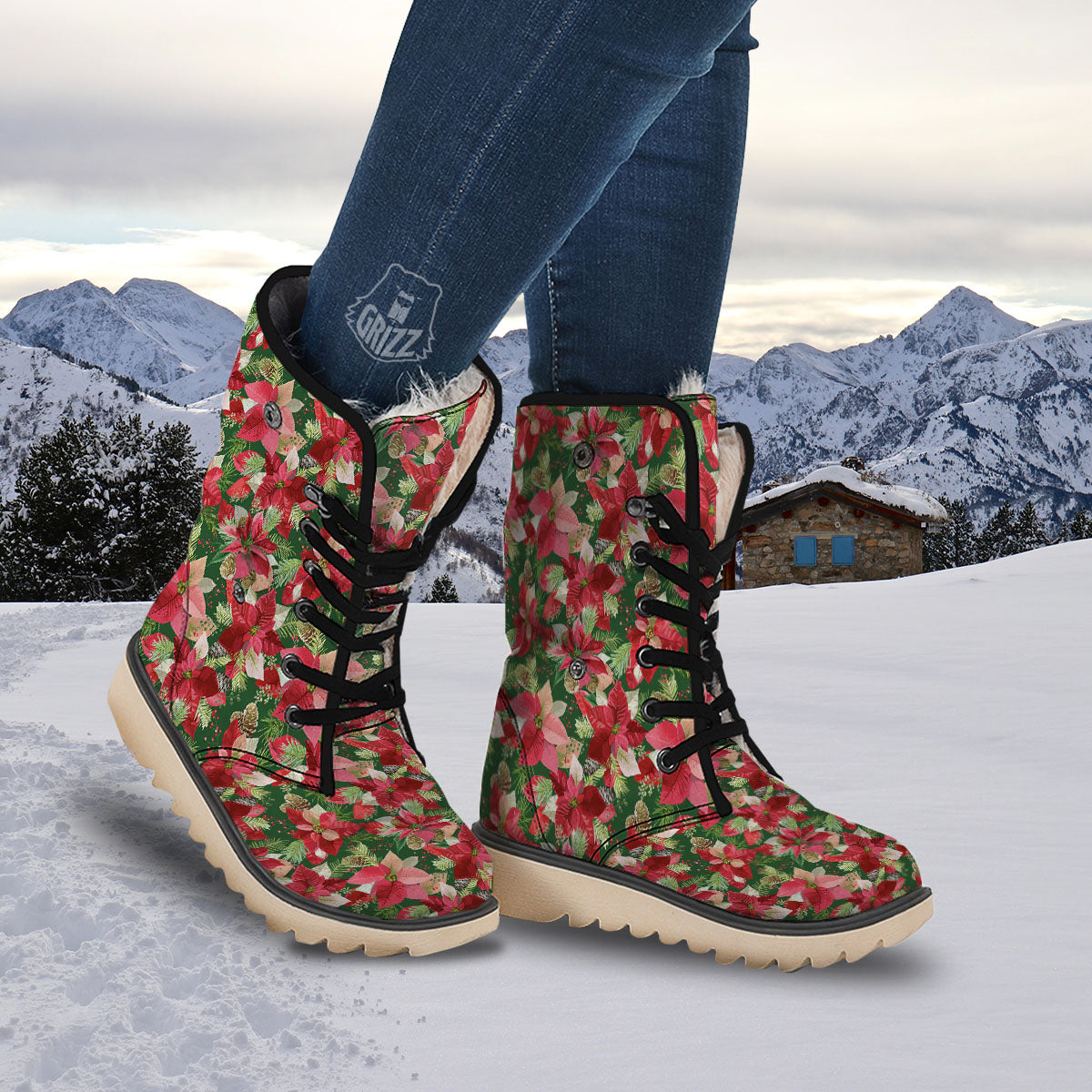 Poinsettia Christmas Vintage Print Pattern Snow Boots-grizzshop