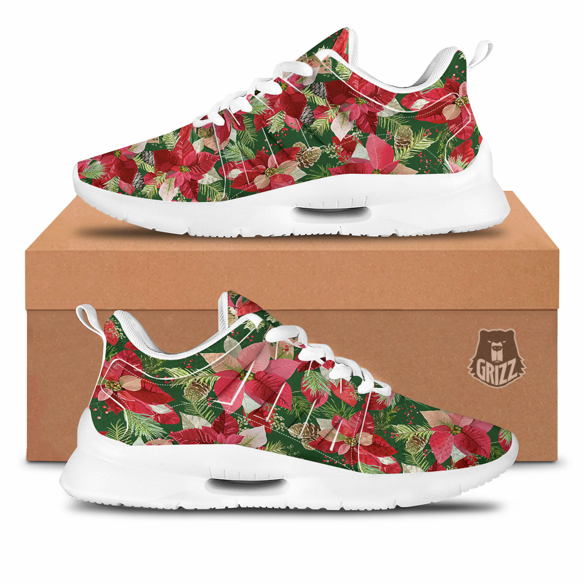 Poinsettia Christmas Vintage Print Pattern Tennis Shoes-grizzshop