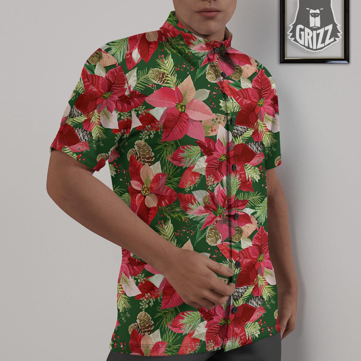 Poinsettia Christmas Vintage Print Pattern Untucked Shirts-grizzshop