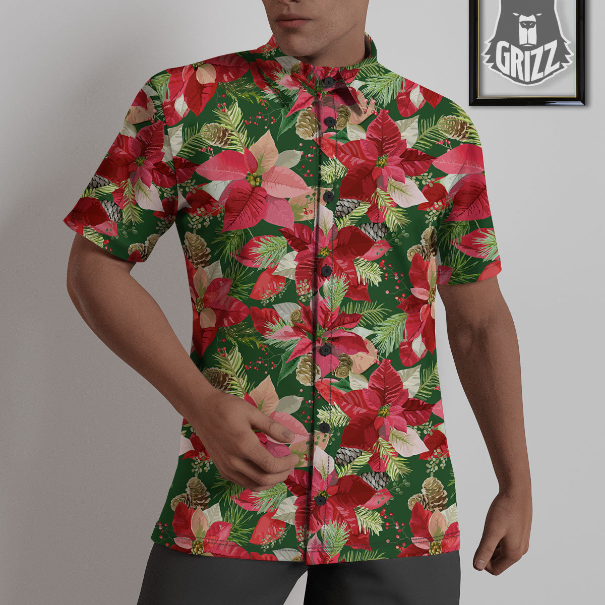 Poinsettia Christmas Vintage Print Pattern Untucked Shirts-grizzshop