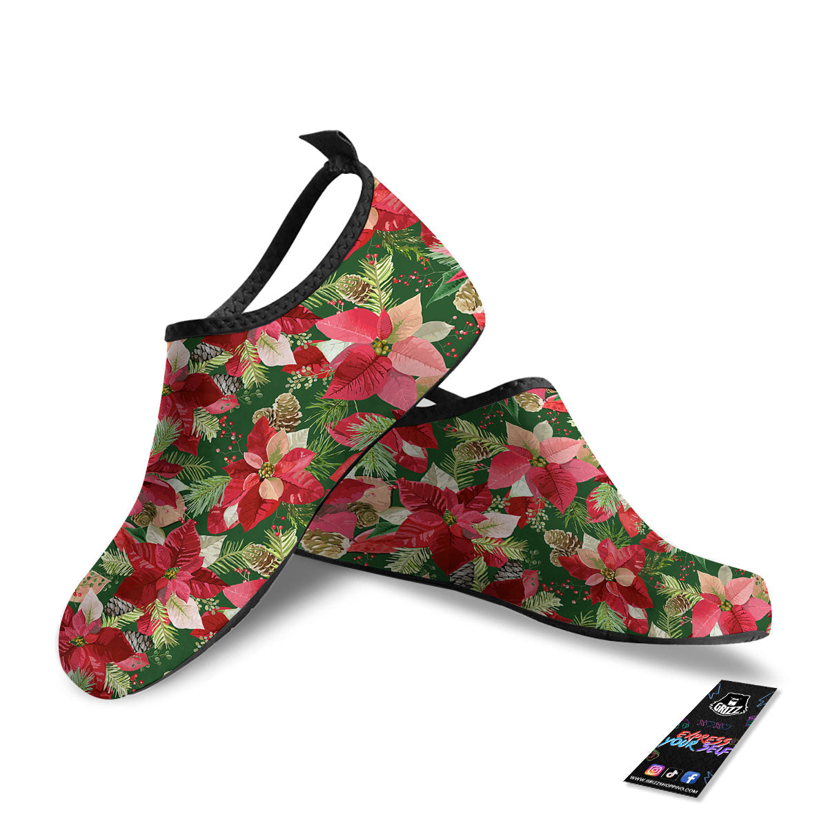 Poinsettia Christmas Vintage Print Pattern Water Shoes-grizzshop