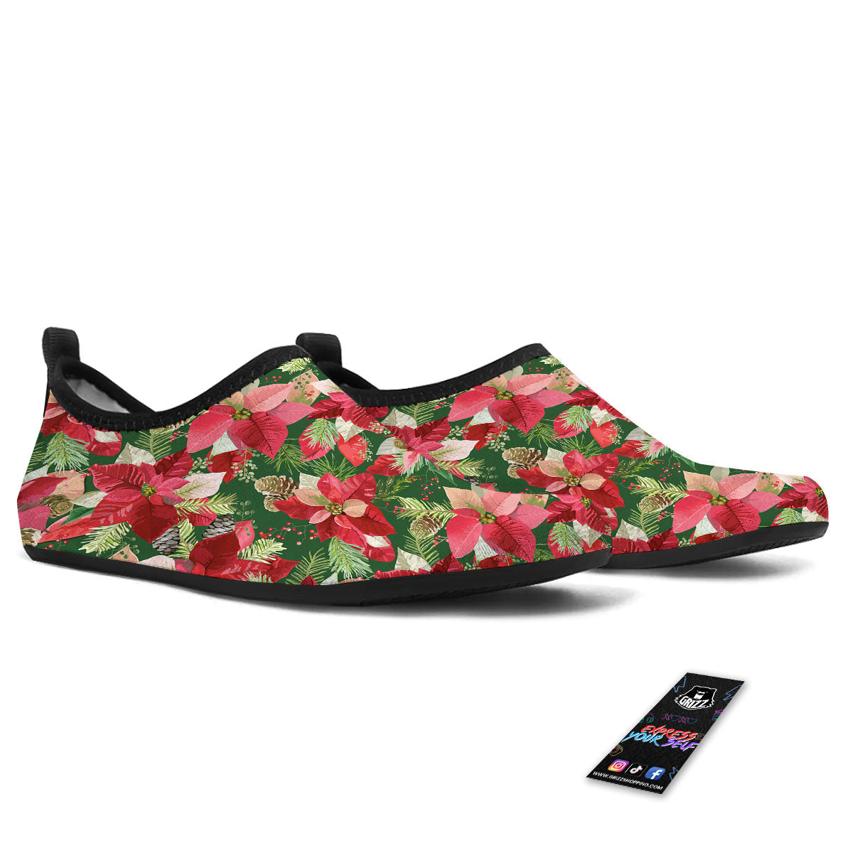 Poinsettia Christmas Vintage Print Pattern Water Shoes-grizzshop