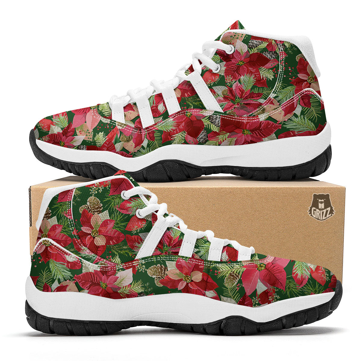 Poinsettia Christmas Vintage Print Pattern White Bball Shoes-grizzshop