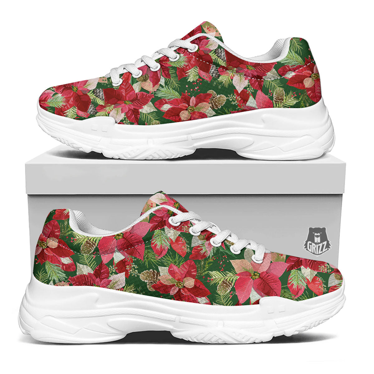 Poinsettia Christmas Vintage Print Pattern White Chunky Shoes-grizzshop