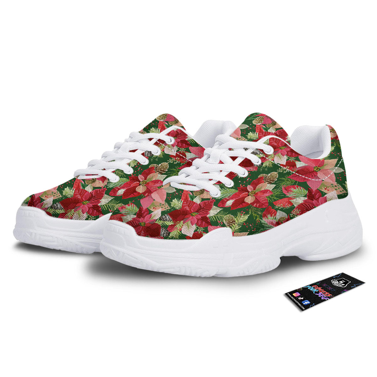 Poinsettia Christmas Vintage Print Pattern White Chunky Shoes-grizzshop