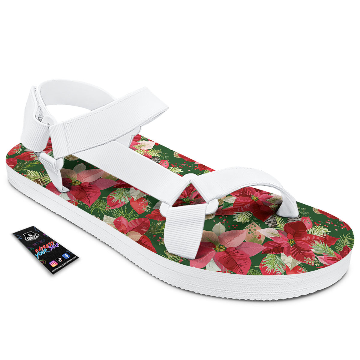Poinsettia Christmas Vintage Print Pattern White Open Toe Sandals-grizzshop