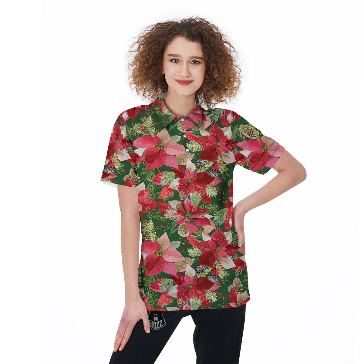 Poinsettia Christmas Vintage Print Pattern Women's Golf Shirts-grizzshop