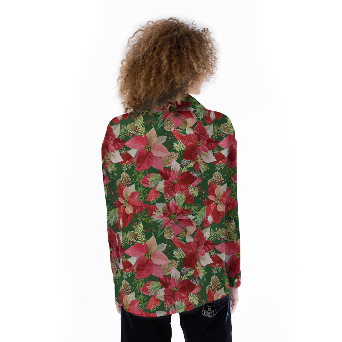 Poinsettia Christmas Vintage Print Pattern Women's Long Sleeve Shirts-grizzshop