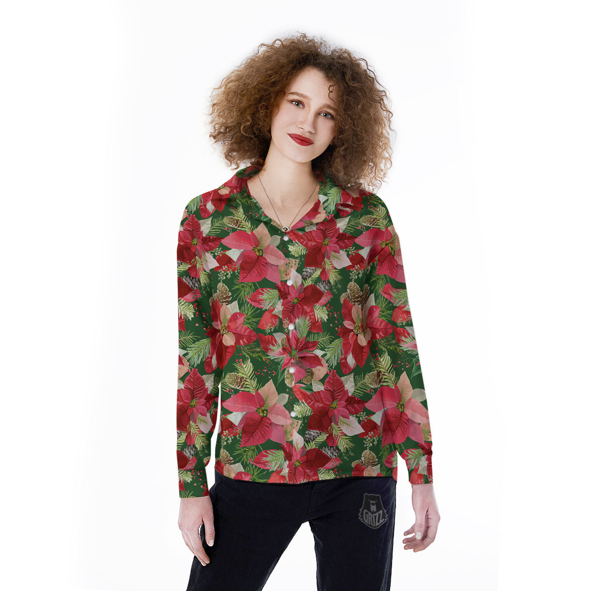 Poinsettia Christmas Vintage Print Pattern Women's Long Sleeve Shirts-grizzshop