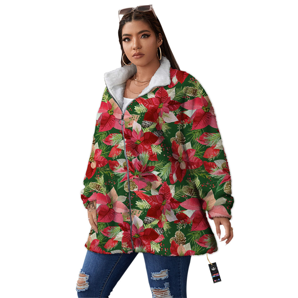 Poinsettia Christmas Vintage Print Pattern Women's Sherpa Jacket-grizzshop