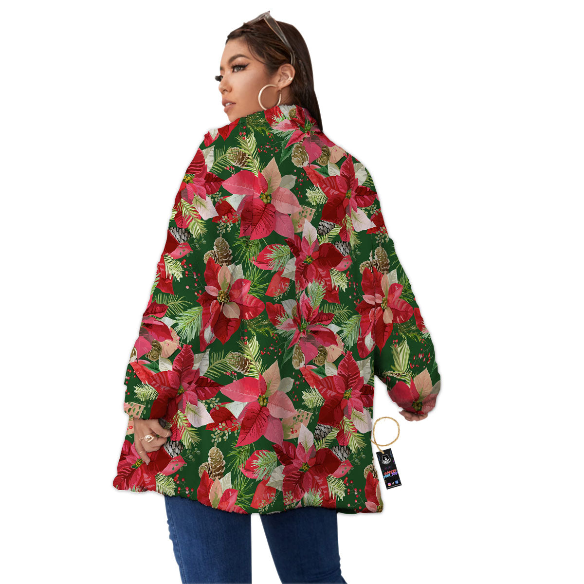 Poinsettia Christmas Vintage Print Pattern Women's Sherpa Jacket-grizzshop