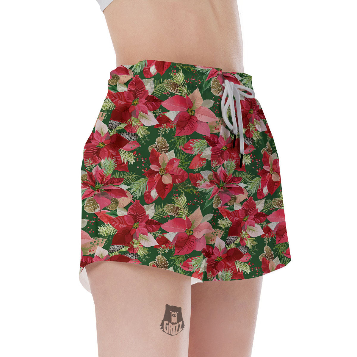 Poinsettia Christmas Vintage Print Pattern Women's Shorts-grizzshop