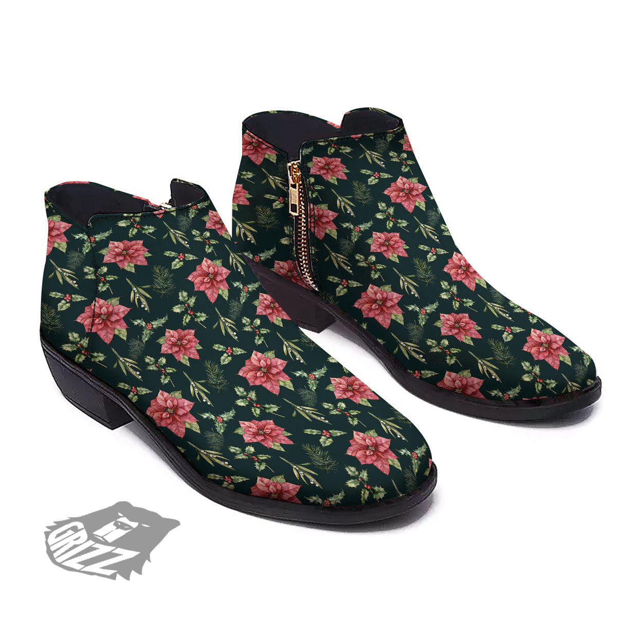 Poinsettia Christmas Watercolor Print Pattern Ankle Boots-grizzshop
