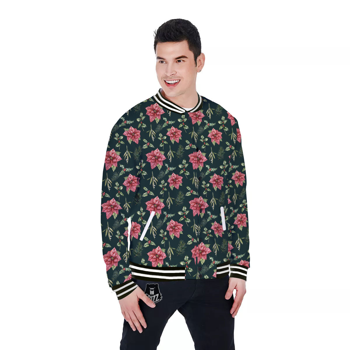 Poinsettia Christmas Watercolor Print Pattern Baseball Jacket-grizzshop